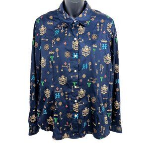 Tommy Hilfiger Women Large Button Up Collar Blouse Top Royal Crest Key Navy